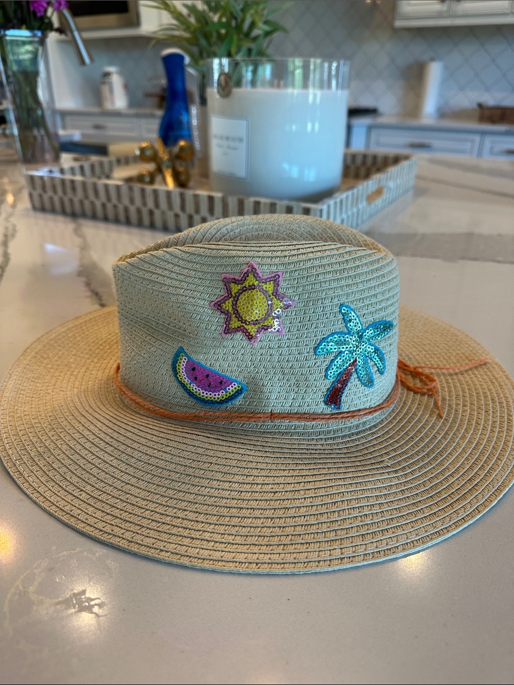 Cat & Jack Natural Straw Sun Hat with Colorful Sequin Patches